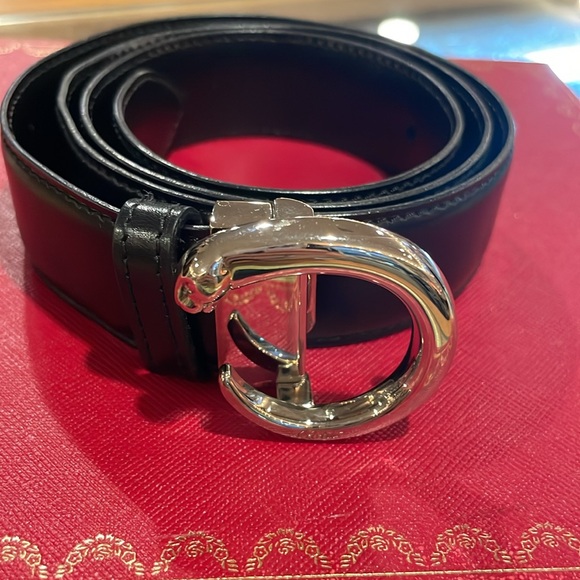 Vintage Cartier Panthere black leather belt with silver panther buckle small. main image 5